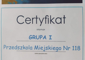 certyfikat za zaangażownie w ogólnopolski projekt edukacyjny w świecie Montessori.