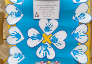 Zdjęcie przedstawia niebieski plakat składający się z serc i dwóch kartek z informacjami na temat autyzmu.