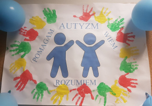 Zdjęcie przedstawia plakat na temat autyzmu na którym są odbite kolorowe ręce.