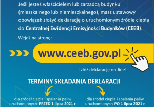 plakat, zarządco właścicielu budynku, pamiętaj o złożeniu deklaracji o żródłach ogrzewania budynków. www.ceeb.gov.pl