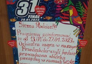 Plakat opisujący akcję WOŚP w Przedszkolu Miejskim 118 w Łodzi