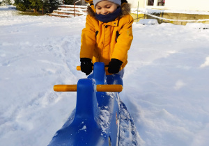 Zdjęcie przedstawia chłopca na bujaku w ogrodzie zimą